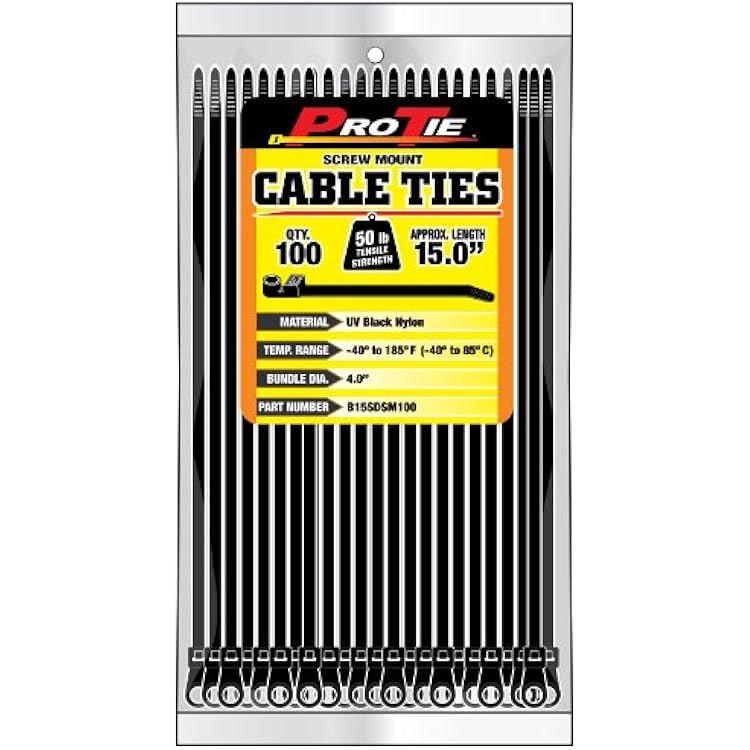 Pro Tie B15SDSM100 15-Inch Screw Mount Standard Duty Cable Tie, UV Black Nylon, 100-Pack