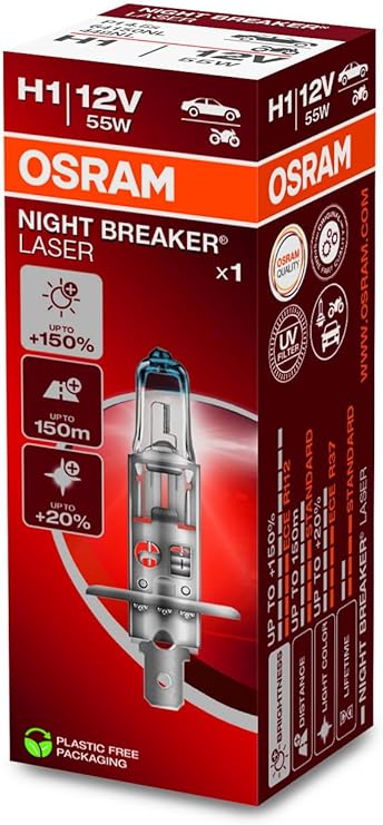 Osram Ampul Night Breaker Laser H1 12V 55W%100'ye kadar Fazla Işık 150M'ye kadar Fazla Görüş Açısı,%20'ye kadar Beyaz Işık 64150NL [Enerji Sınıfı A]